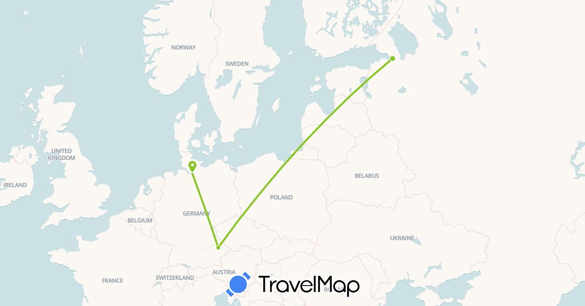 TravelMap itinerary: driving, electric vehicle in Germany, Russia (Europe)